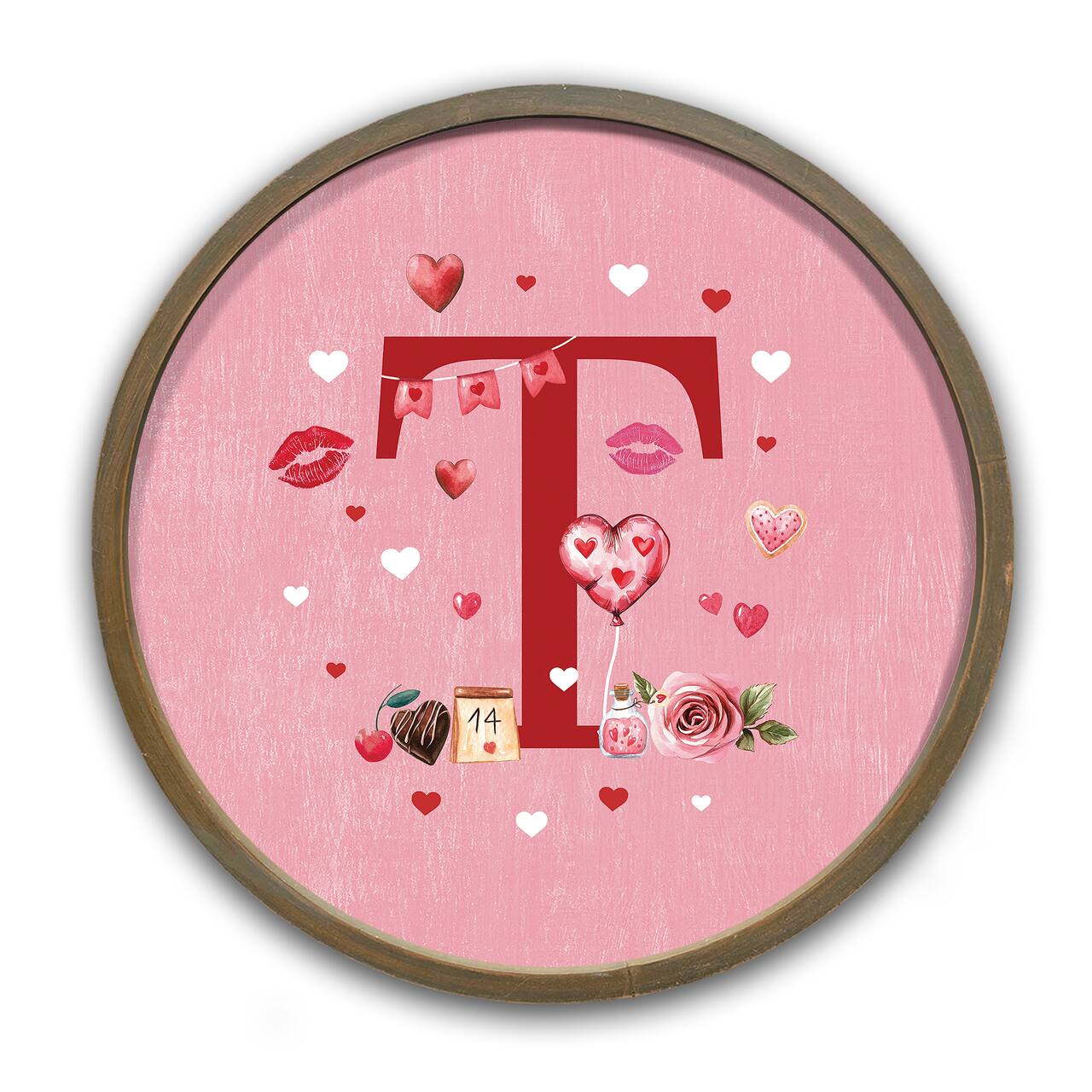 Valentine Things Monogram Round Brown Framed Print